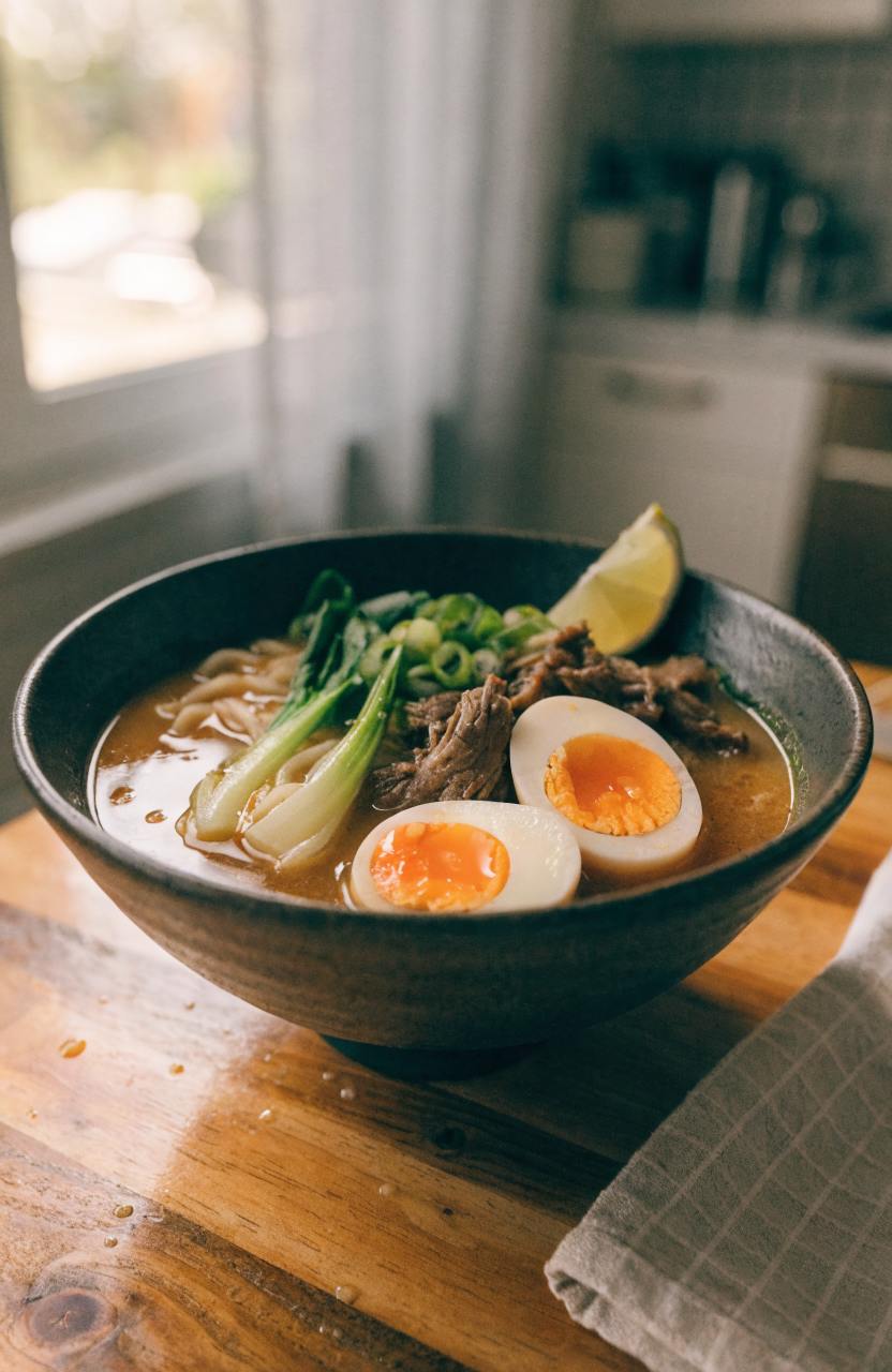 Bowl of slow cooker curry ramen with beef, soft-boiled egg halves, scallions, and bok choy