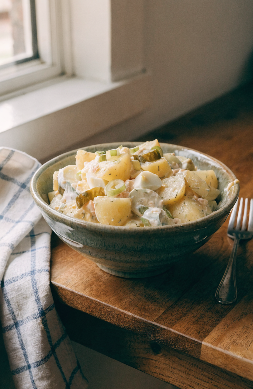 Bowl of southern potato salad with chopped eggs and pickles garnished with scallions