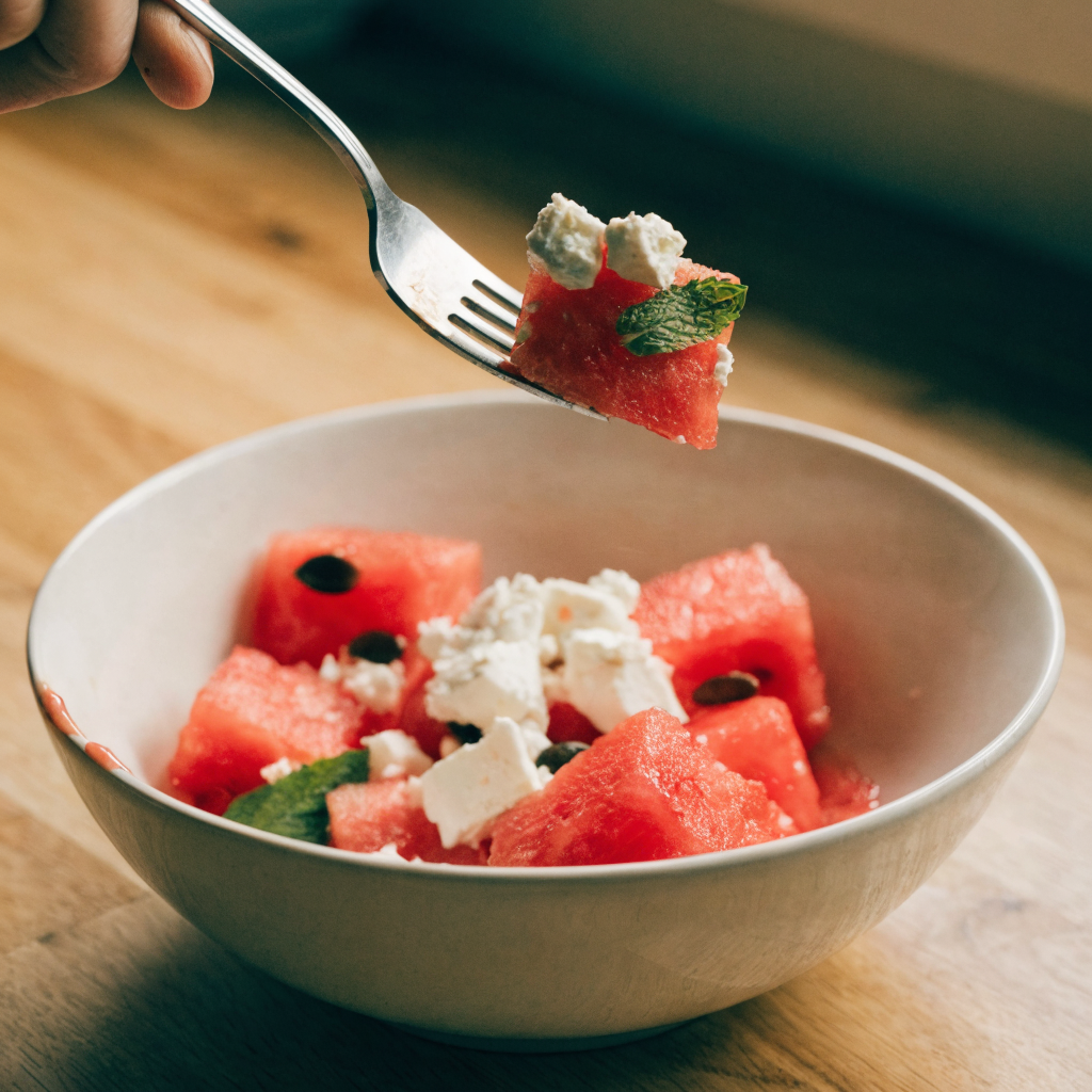 Close-up of watermelon feta salad with mint and lime-honey vinaigrette