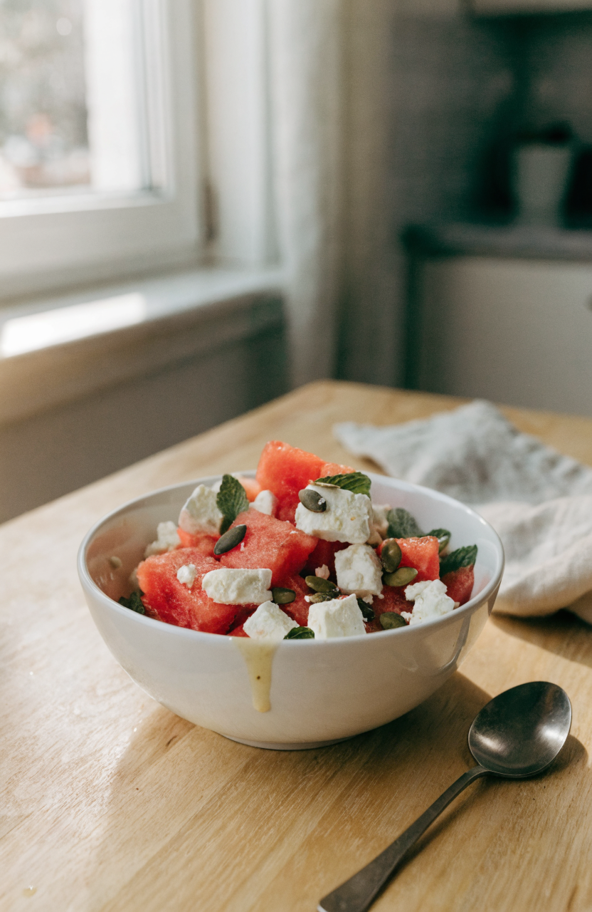 Watermelon feta salad in a white bowl with watermelon cubes, crumbled feta, and mint garnish