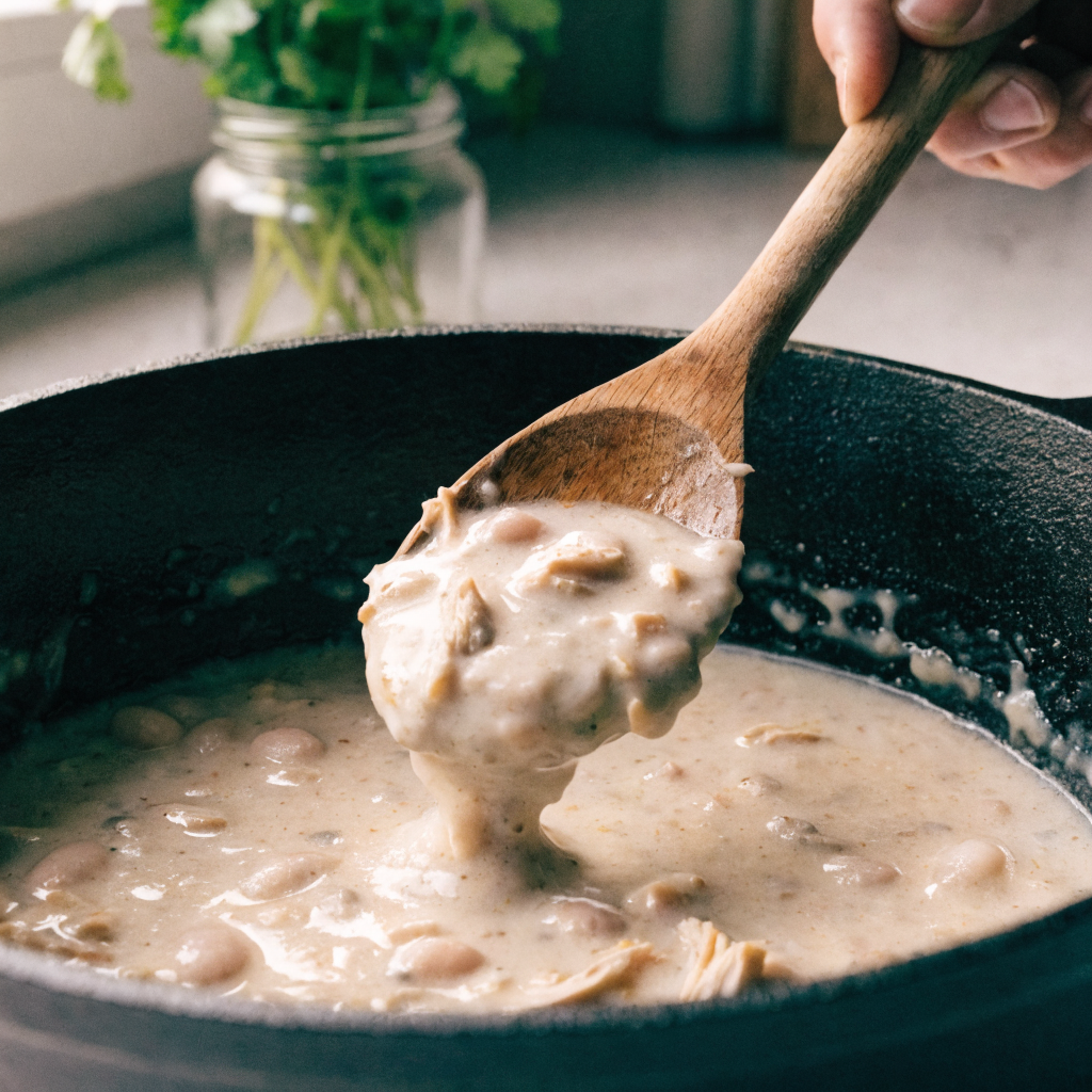 Close-up of creamy white chicken chili (stovetop, reliable texture)