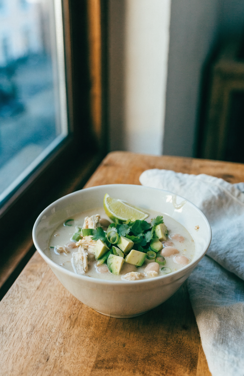 Bowl of white chicken chili with avocado and cilantro garnishes