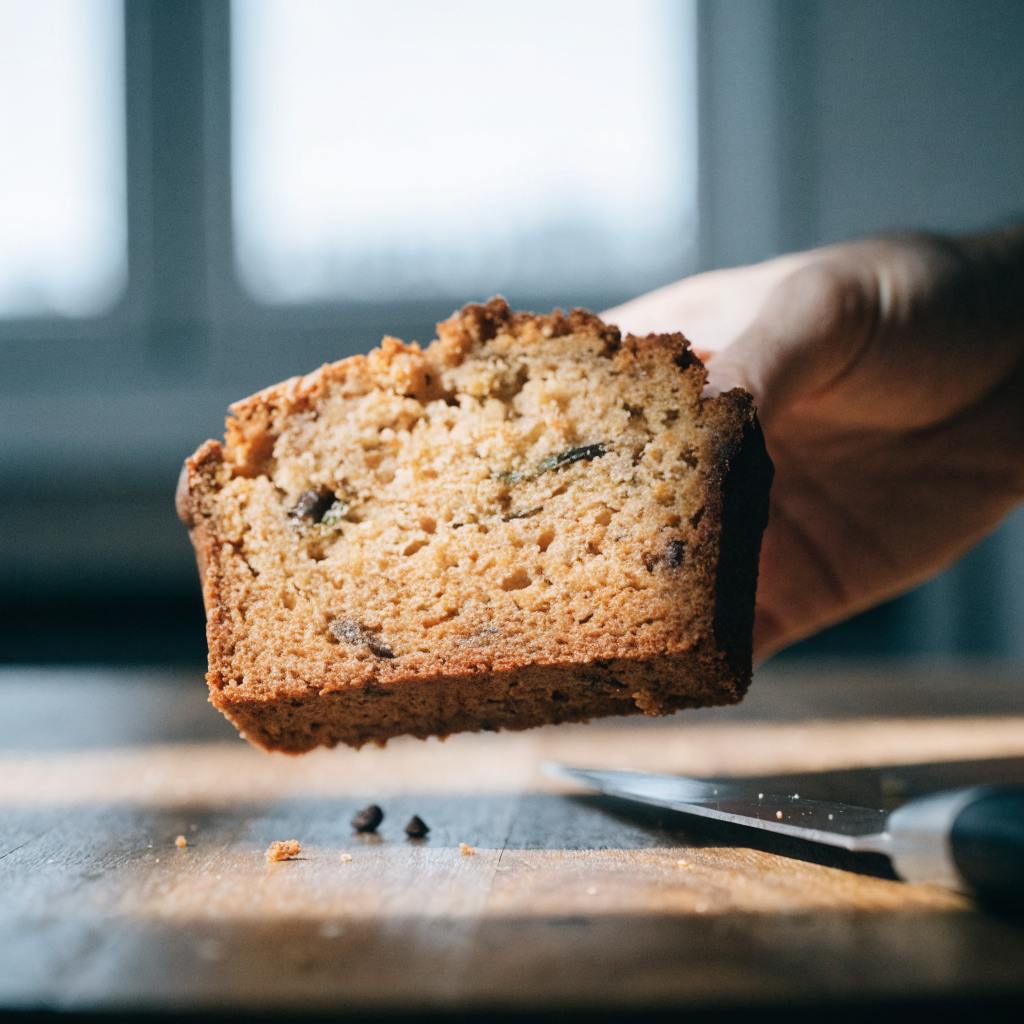 Close-up of best zucchini bread (moist, non-soggy loaf)