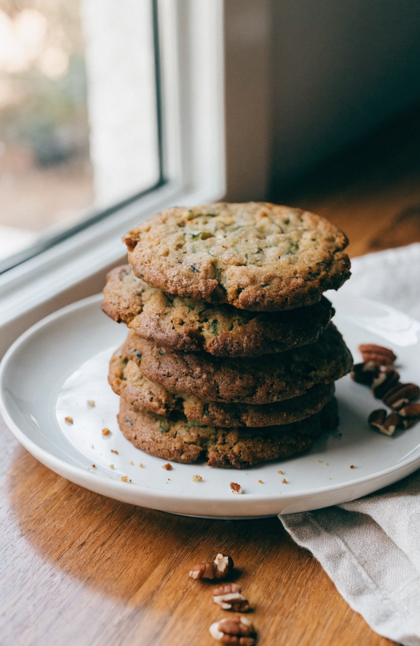 Plate of chewy zucchini bread cookies with chopped pecans on a cooling rack