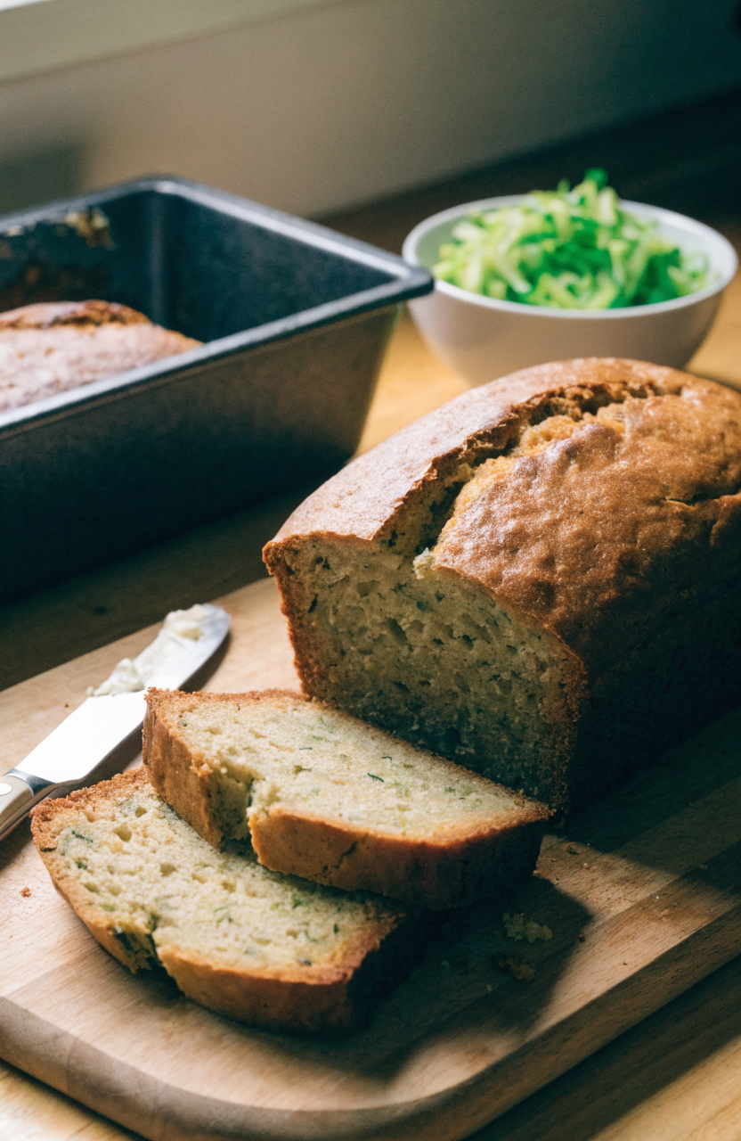 Loaf of zucchini bread with slices on a wooden board and a loaf pan in the background
