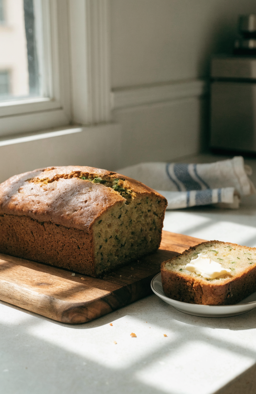 Loaf of zucchini bread sliced on a wooden board with a slice on a plate