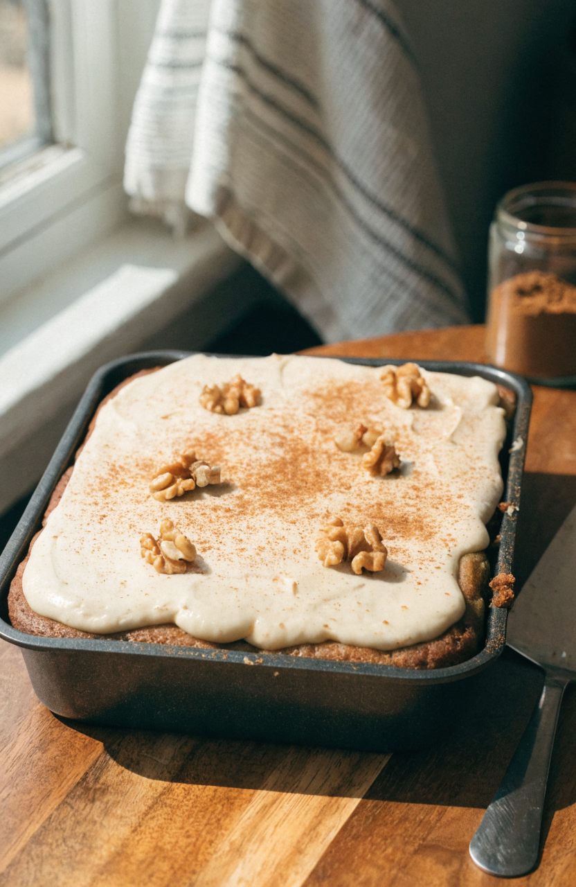 Zucchini cake on a white plate with cinnamon cream cheese frosting and a dusting of cinnamon
