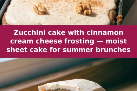 Zucchini cake with cinnamon cream cheese frosting — moist sheet cake for summer brunches Pinterest recipe pin