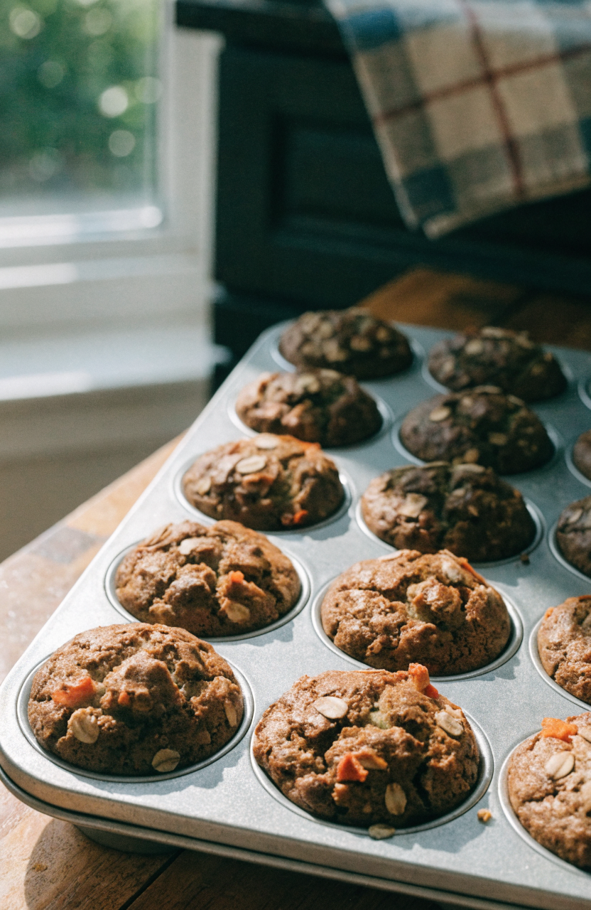 Tray of zucchini carrot oatmeal muffins with cracked golden tops and oat garnish showing the texture